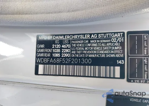 2002 Mercedes-Benz Sl 500 from USA, damaged, VIN WDBFA68F52F201300